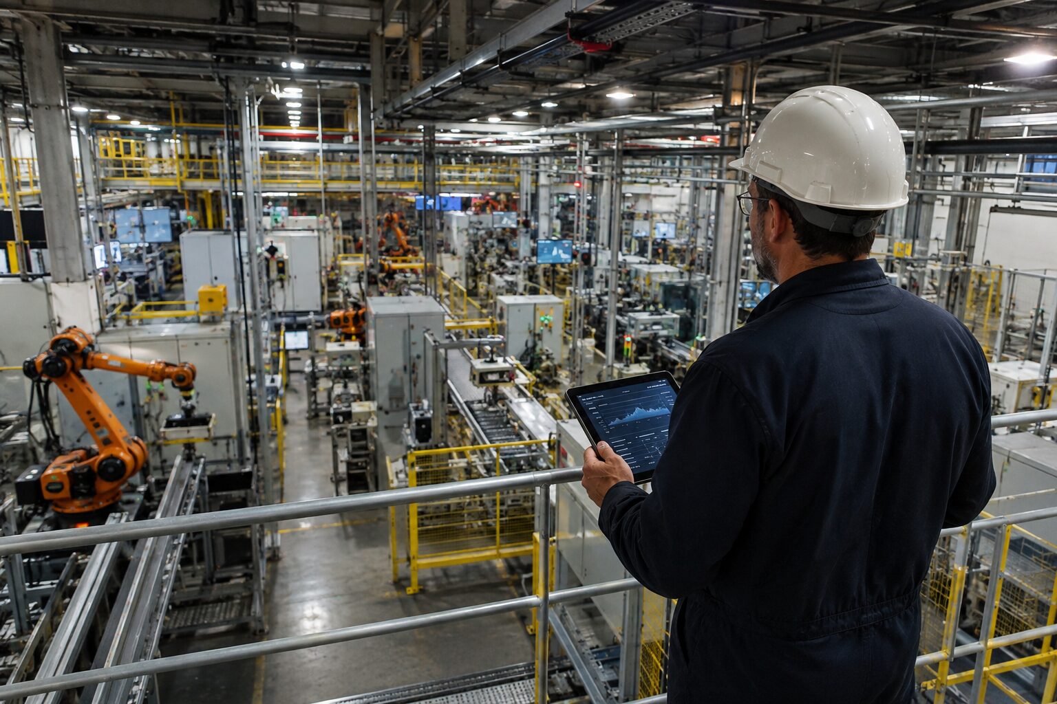 Vue en surplomb d’un atelier d’assemblage automatisé, depuis une passerelle où une personne tient une tablette.
